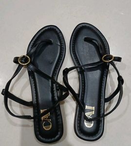 Black Flat Sandals with Gold Buckle