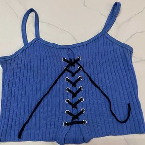Blue Ribbed Lace-Up Crop Top