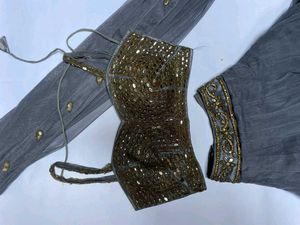 Sparkling Sequin Blouse &amp; Grey Tulle Lehenga Set