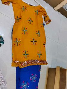 Yellow Embroidered Kurta Set with Blue salwar
