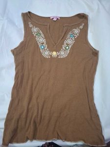 Brown Embroidered Sleeveless Top