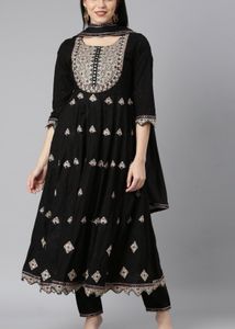 Neerus Embroidery Black Anarkali Kurta Set Size XL
