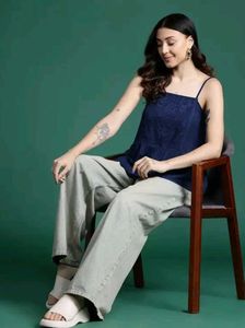 Navy Blue Peplum Top with Embroidery