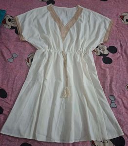 White Summer Dress with Gold Trim