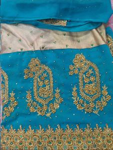 Exquisite Golden &amp; Blue Embroidered Saree