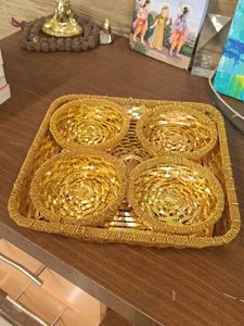 Decorative Golden Woven Tray with Bowls