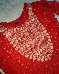 Red Printed Maxi Dress with Embellished Neckline
