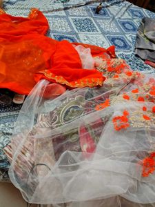Vibrant Orange & White saree with blouse pc
