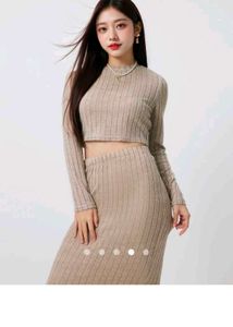Title: Beige Ribbed Knit Co-Ord Set | Crop Top &amp; M