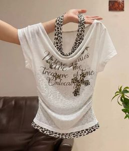 Sheer Ruched White Top with Leopard Print Accent
