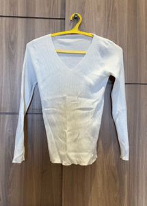 White V-Neck Ribbed Long Sleeve Top