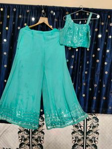 Teal Sequin Palazzo Pants & Top Set