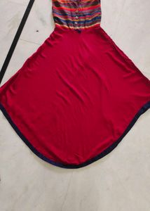 Red Flared Dress with Striped Yoke
