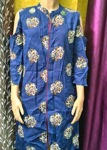 Blue Printed Cold Shoulder Kurta