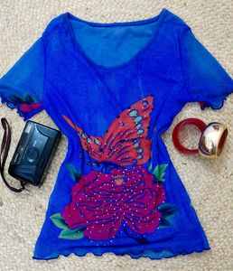 ♡ Y2K Vintage Blue Butterfly Mesh Top ♡