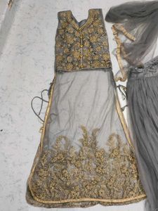 get free earrings Grey Embroidered Lehenga Choli