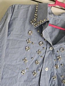 Striped Embellished Button-Up Shirt
