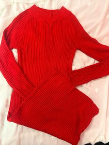 Chic Ribbed Knit Red Dress