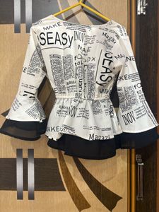 Newspaper Print Tie-Front Bell Sleeve Top