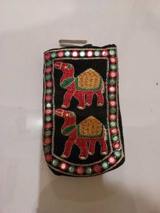 Embroidered Camel Pouch with Mirror Work