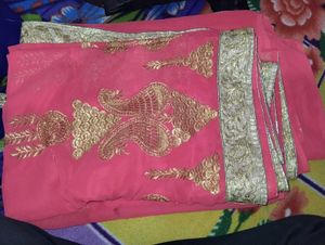 Beautiful Pink Saree with Gold Embroidery