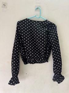 Black Polka Dot Party Crop Top With Front Knot