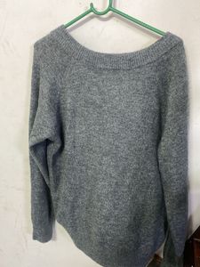 Gray V-Neck Knit Sweater