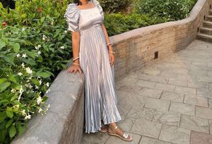 Silver Satin Pleated Maxi Dress