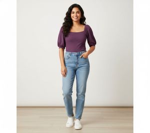 Purple Puff Sleeve Square Neck Top