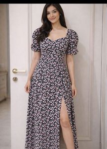 Floral Print Puff Sleeve Midi Dress