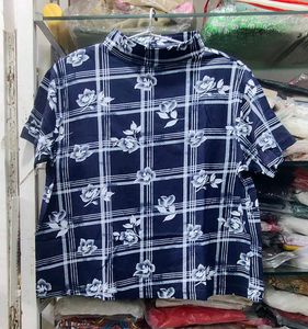 Classic Navy Floral Plaid Mock Neck Top