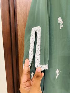 Green Kurta Set with White Pants &amp; Dupatta