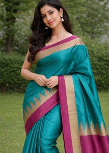 Beautiful Teal Saree with Pink Border