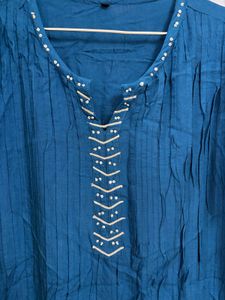 Teal Blue Kurta with Embellished Neckline