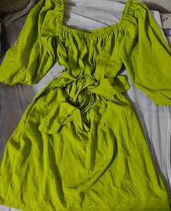Lime Green Square Neck Puff Sleeve Dress