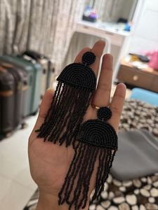 Black Beaded Tassel Earrings