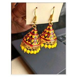 Meenakari Jhumka - Red & Yellow