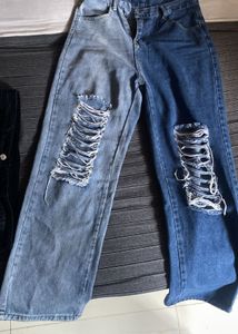 Two-Tone Ripped Wide-Leg Jeans