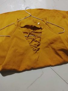 Mustard Yellow Lace-Up Cold Shoulder Top