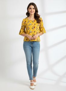 Yellow Floral Ruffle Sleeve Top