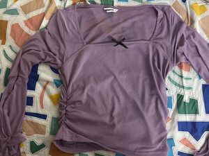 square neck rushed mesh flared long sleeve top in