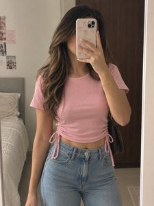Pastel Pink Ribbed Ruched Crop Top