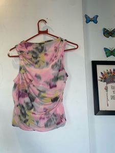 Pink Floral Ruched Sleeveless Top