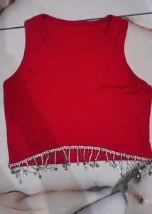 Red Crop Top with Rhinestone Fringe