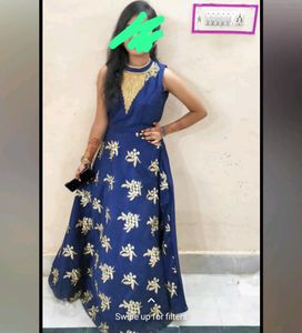 Blue &amp; Gold Embroidered Anarkali Dress