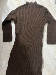 Brown Ribbed Knit Midi Dress