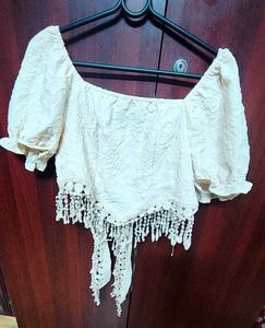 Cream Textured Crop Top with Fringe