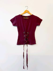 Tally Weijl Goth Corset Burgundy Maroon Tie Up Tee