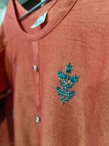 Embroidered Orange Kurta with Teal Dupatta