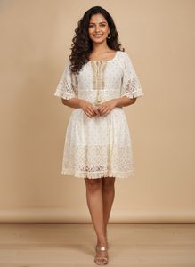 Women’s Cream Gold Embroidered Lace Trim  Dress